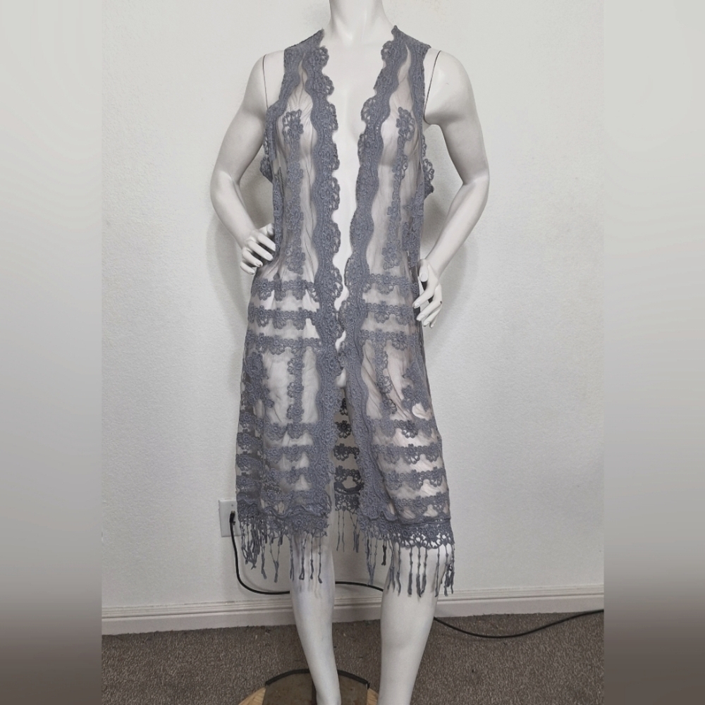 ODDY "NEW" Light Blue Coastal Bohemian Sleeveless Floral Lace Duster One Size
